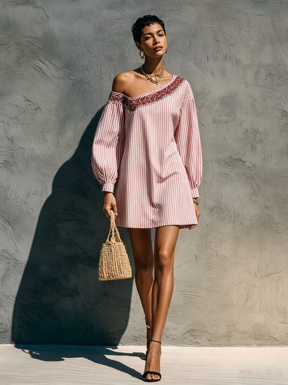 One Shoulder Striped Embroidered Lantern Sleeve Mini Dress