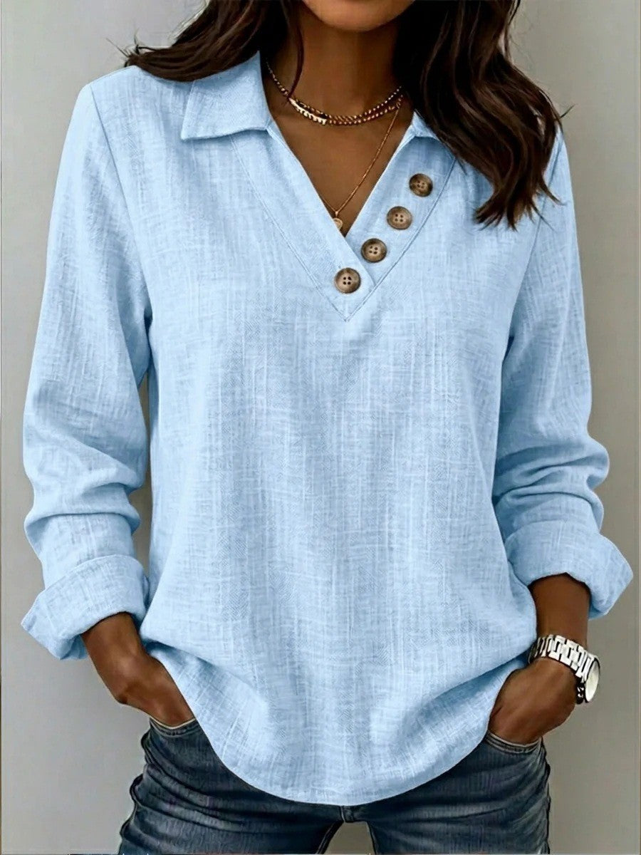 Women's Collared V-Neck Button Long Sleeve Casual Blouse