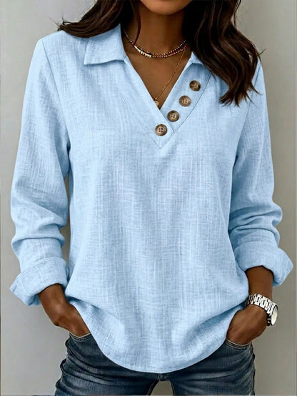 Women's Collared V-Neck Button Long Sleeve Casual Blouse
