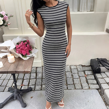 Striped Sleeveless Ribbed Knit Bodycon Maxi Dress