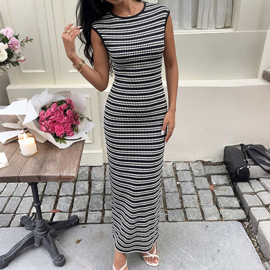 Striped Sleeveless Ribbed Knit Bodycon Maxi Dress