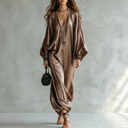 Women's Satin Wide Leg Jumpsuit V-Neck Batwing Plus Size