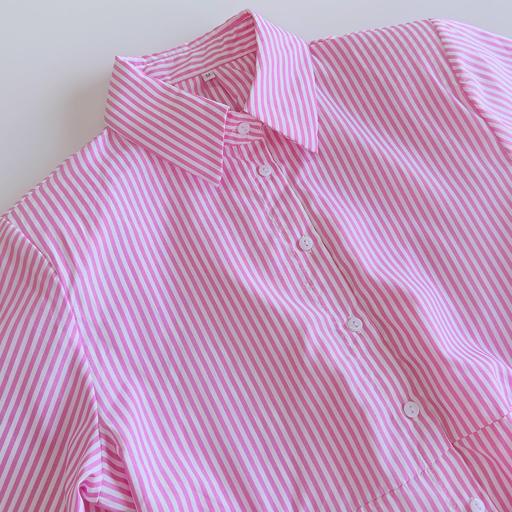 Women's Striped Tie Waist Long Sleeve Button Down Shirt