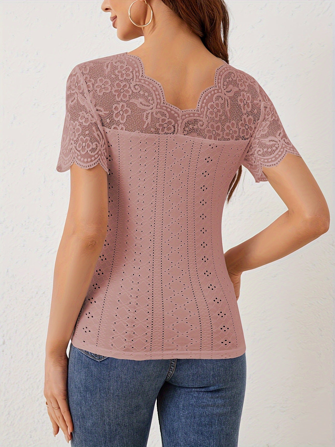 Lace Patchwork Slim Fit V-Neck Short Sleeve Top