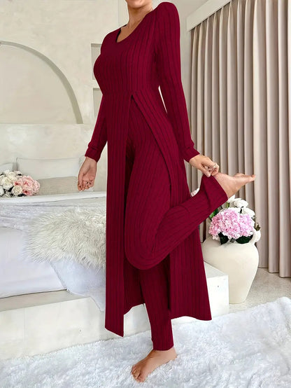 Ribbed Knit Side Slit Long Sleeve Pants Two Piece Set