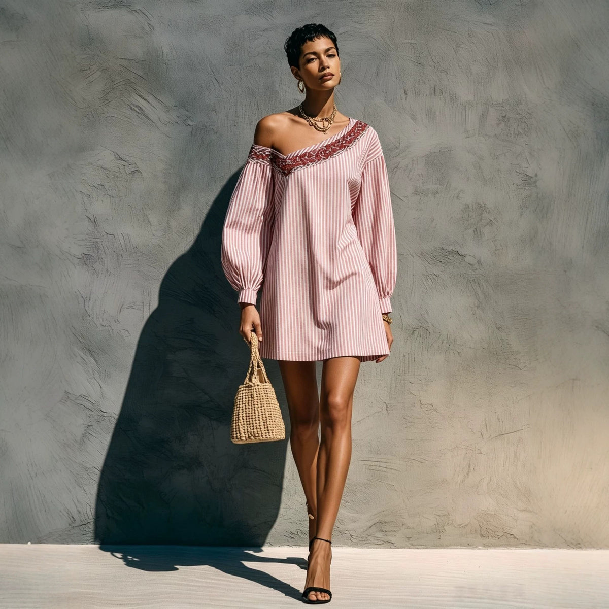 One Shoulder Striped Embroidered Lantern Sleeve Mini Dress