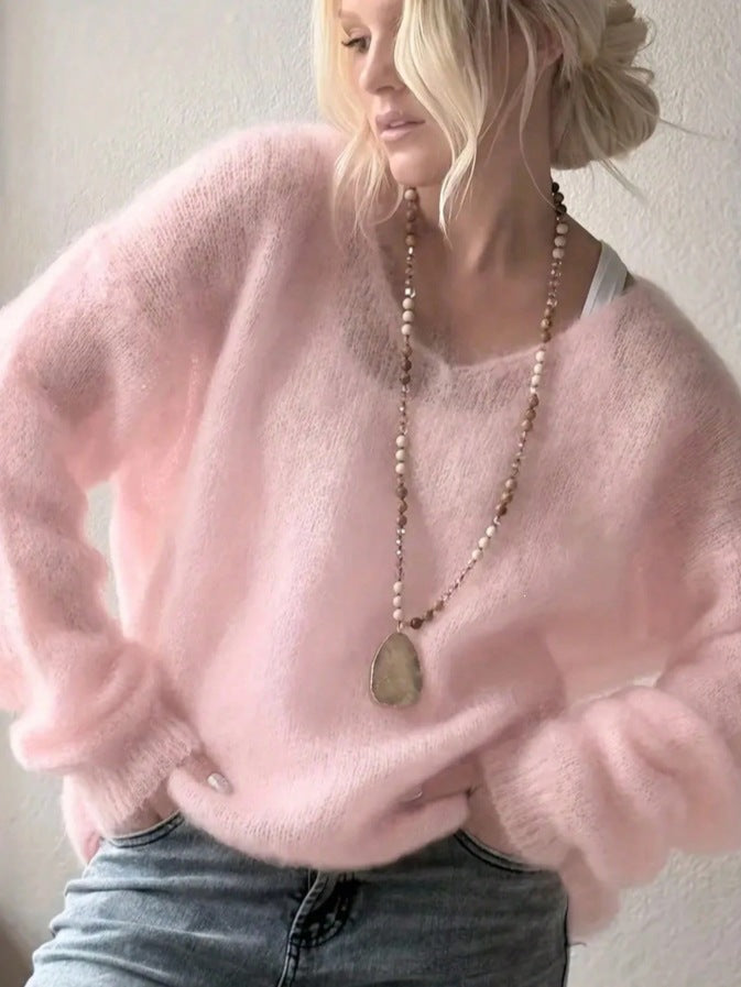 Pink Fuzzy Mohair Oversized Crew Neck Knit Sweater