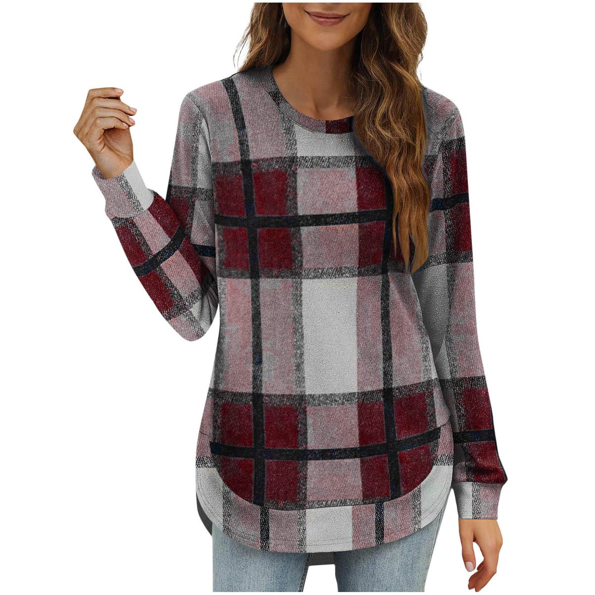 Women's Oversized Plaid Long Sleeve Tunic Top Curved Hem