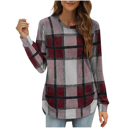 Women's Oversized Plaid Long Sleeve Tunic Top Curved Hem