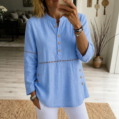 Women Cotton Eyelet Tunic Long Sleeve Side Button Loose Top