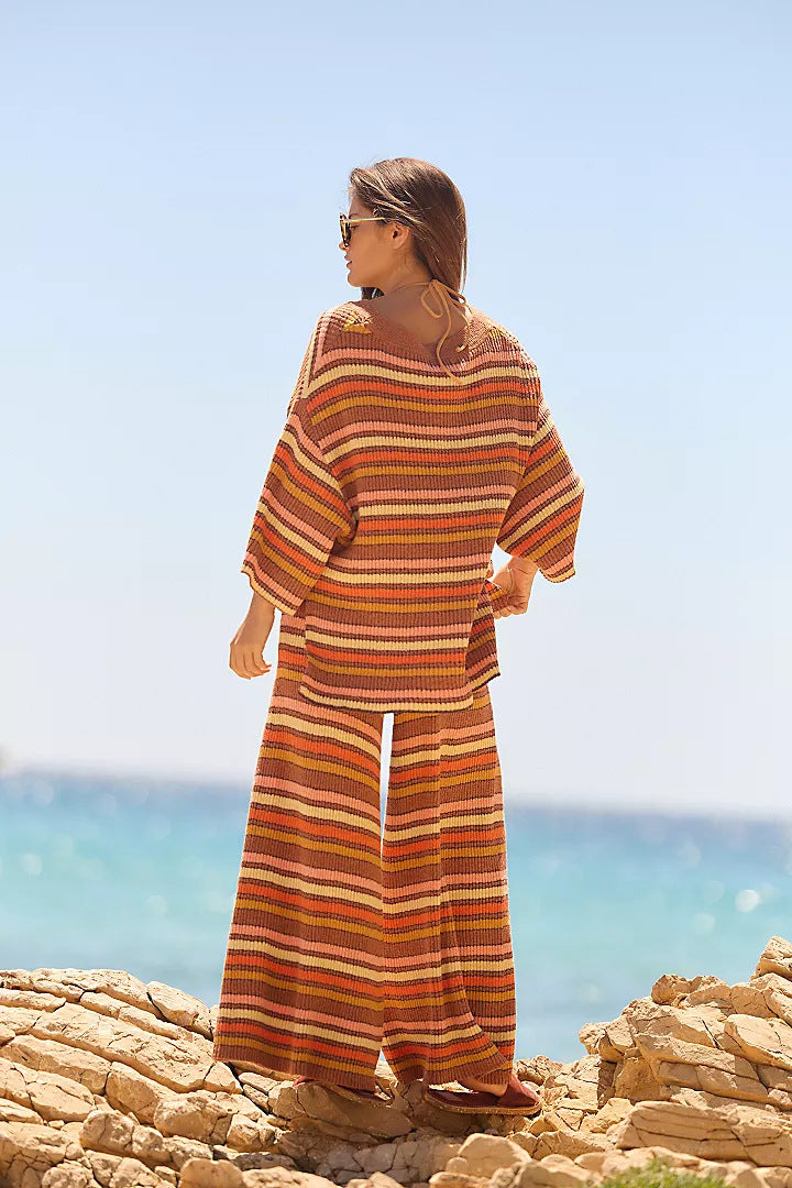 Boho Striped Knit Two Piece Set Wide Leg Pants