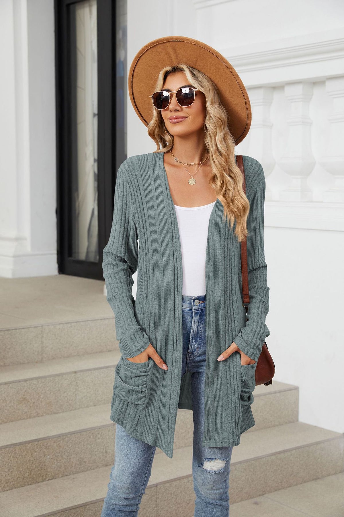 Women's Long Sleeve Ribbed Open Front Cardigan Pockets