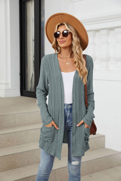Women's Long Sleeve Ribbed Open Front Cardigan Pockets