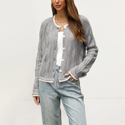 Women's Pointelle Knit Button Cardigan Contrast Trim