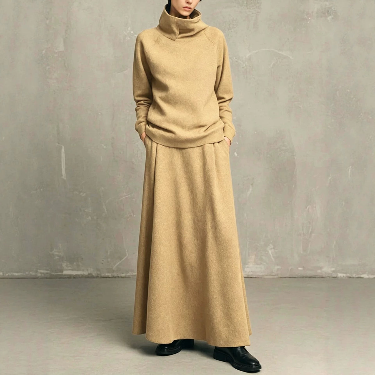 Womens Fleece Turtleneck Sweatshirt Maxi Skirt Set