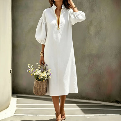 Women's Puff Sleeve A-Line Midi Dress Solid Zipper Front