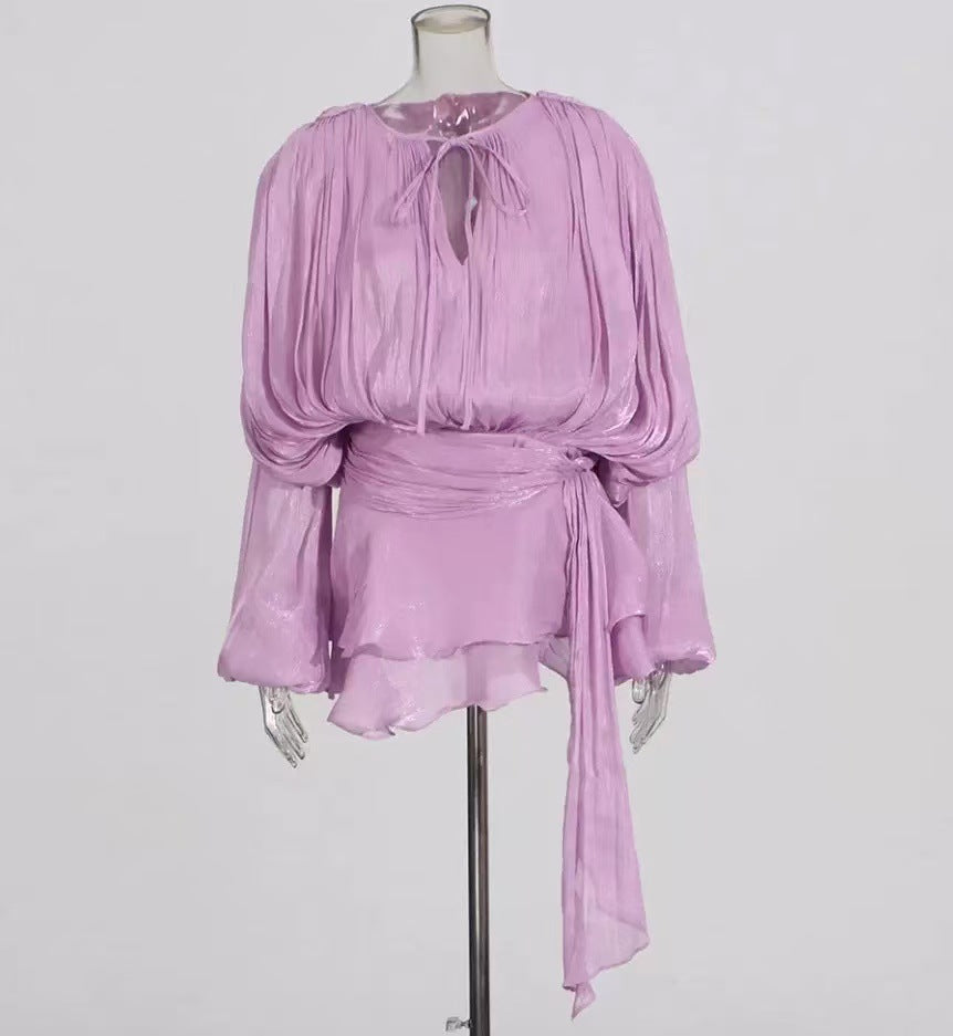 French Puff Sleeve Ruffle Mini Skirt Two Piece Set