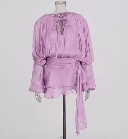 French Puff Sleeve Ruffle Mini Skirt Two Piece Set