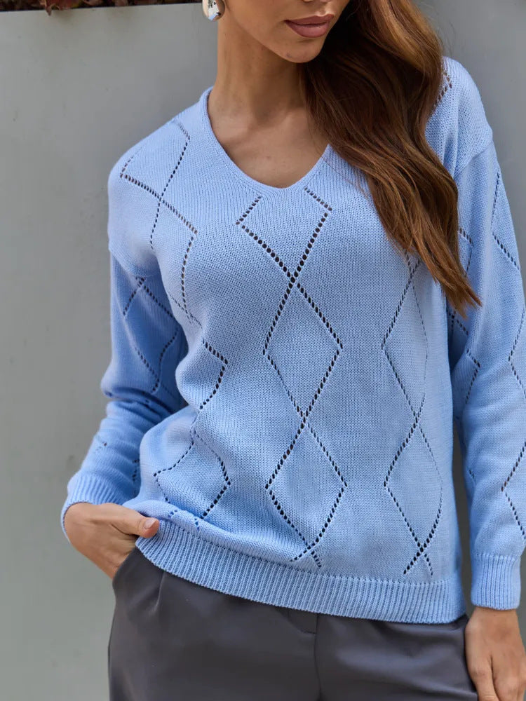 V-Neck Pointelle Sweater Women Oversized Diamond Knit Top