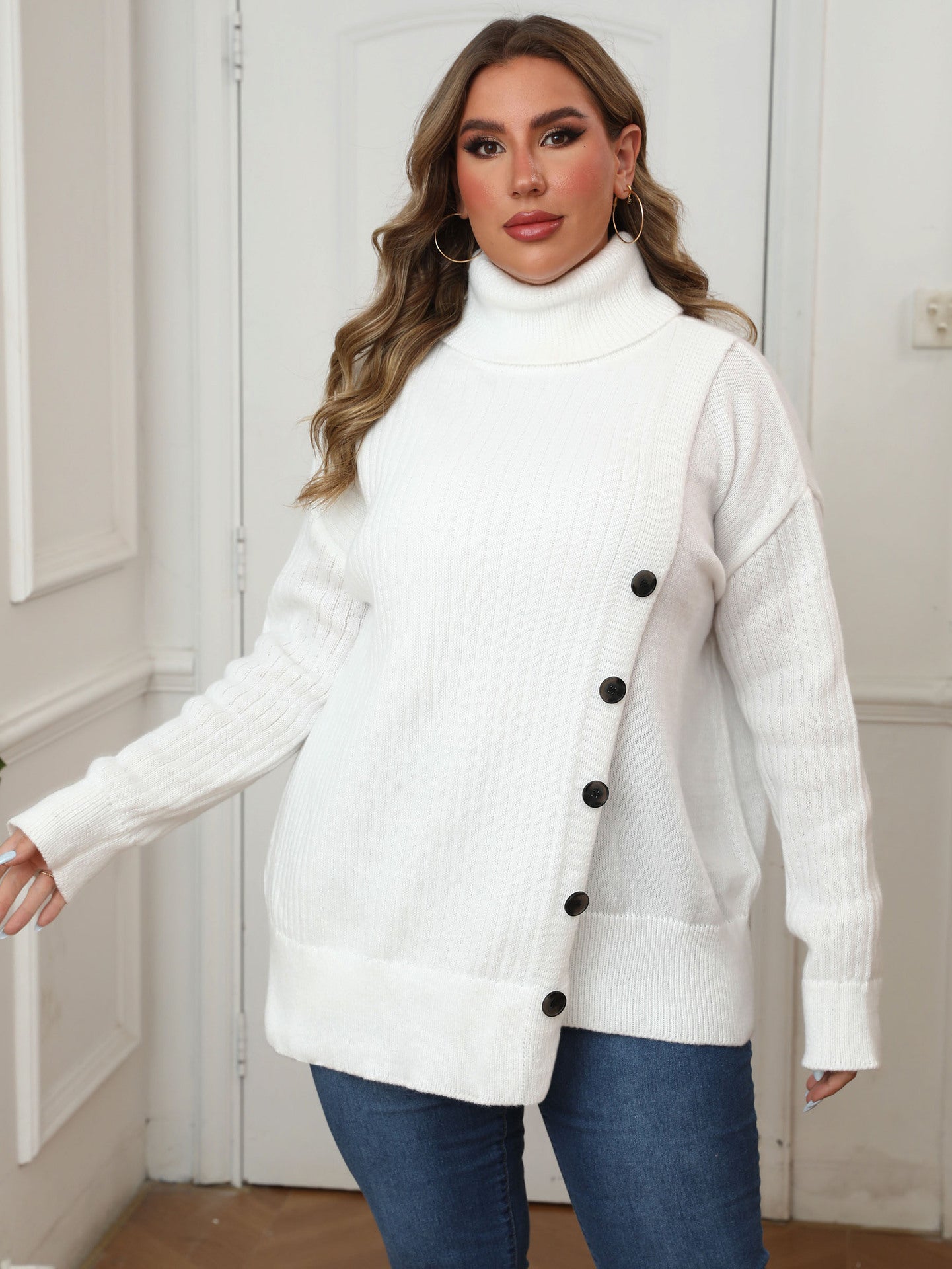 Women's Irregular Button Medium and Long Thickened Turtleneck Sweater