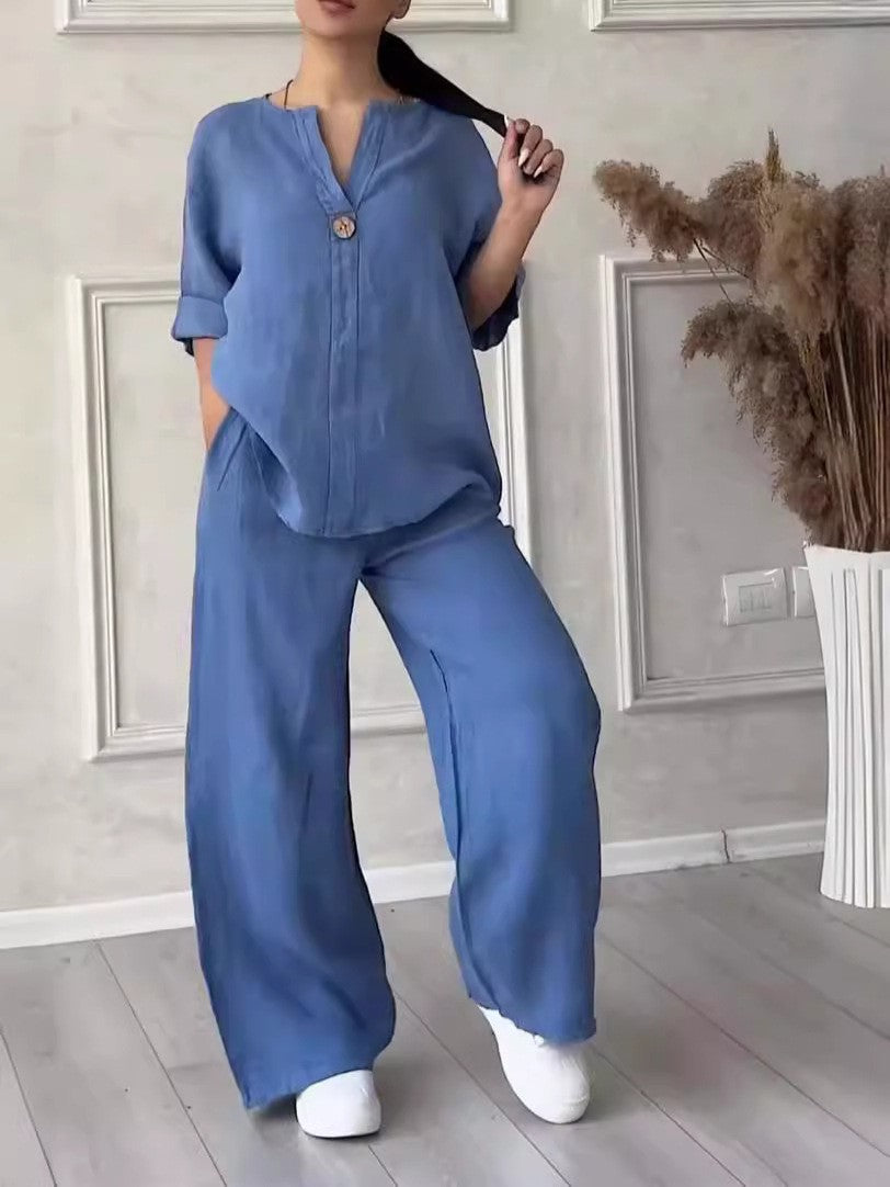 Womens Linen Two Piece Set Button Top Wide Leg Pants