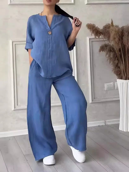 Womens Linen Two Piece Set Button Top Wide Leg Pants