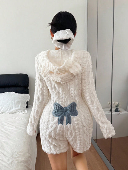 Women's Fuzzy Hooded Sherpa Romper with Bow Back
