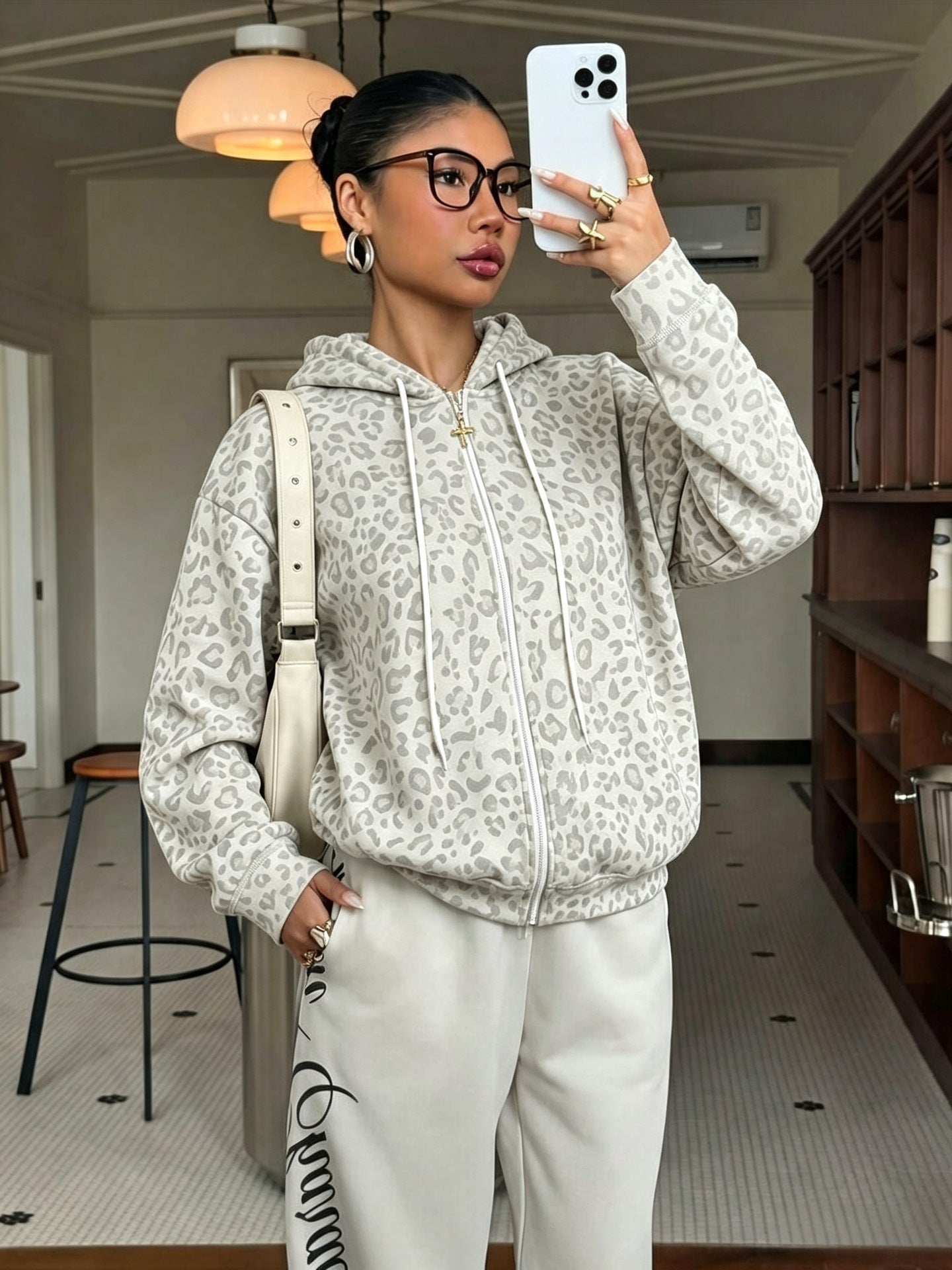 Y2K Leopard Print Fleece Zip Up Hoodie