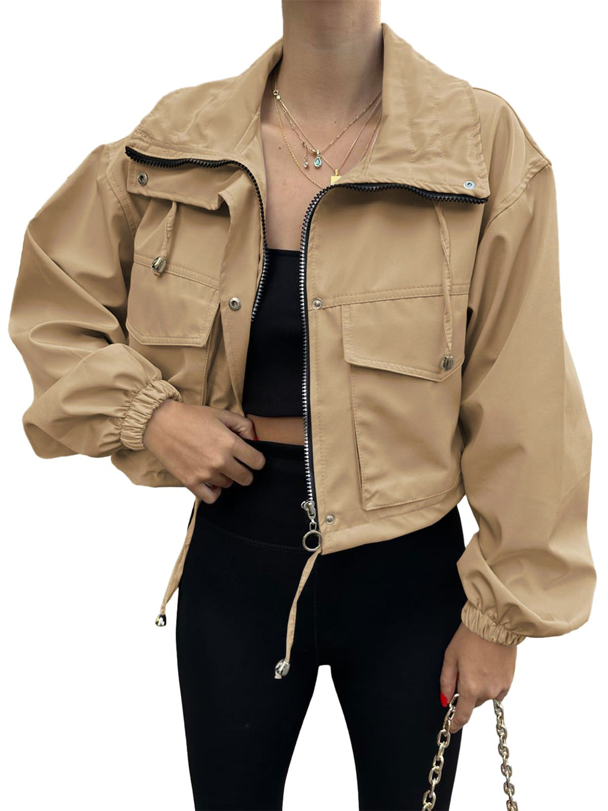 Solid cropped utility jacket zip front relaxed fit