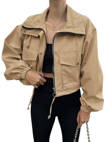 Solid cropped utility jacket zip front relaxed fit