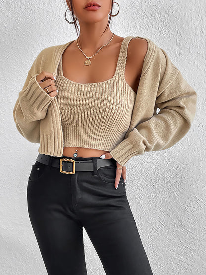 Women's Solid Color V-Neck Cardigan Suspender Sweater Two-piece Set