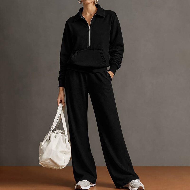 Women's Quarter Zip Sweatshirt Wide Leg Pants 2 Piece Set