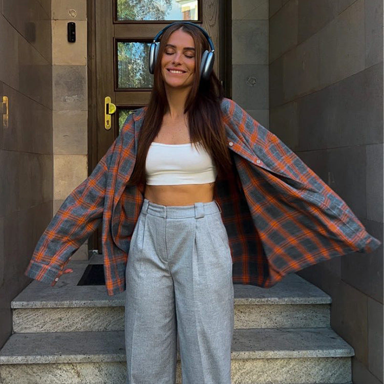 Oversized Plaid Button Down Shirt Long Sleeve Pocket