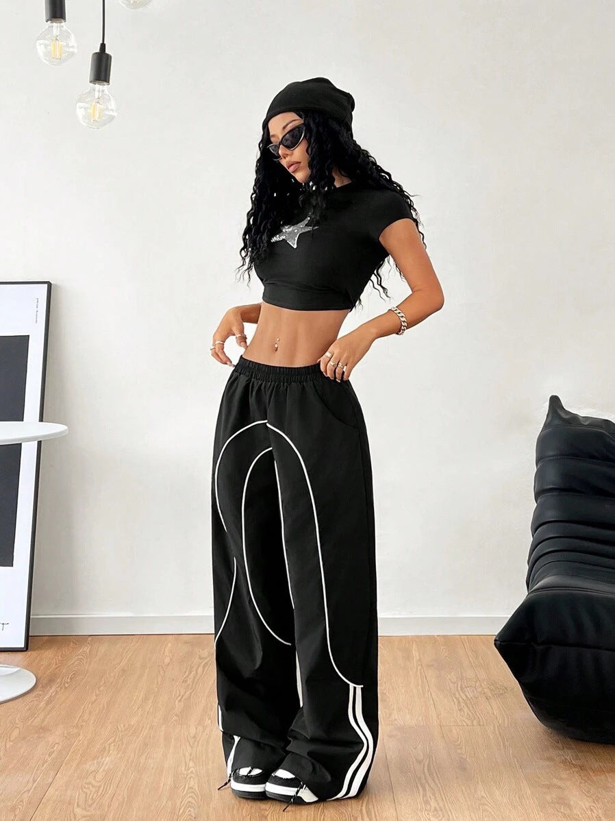 Women Baggy Wide Leg Pants Contrast Trim Low Rise Y2K