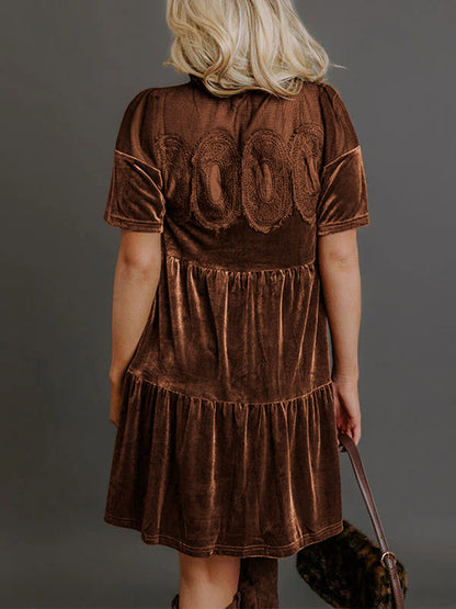 Velvet Embroidered Puff Sleeve Dress – Spring Trend