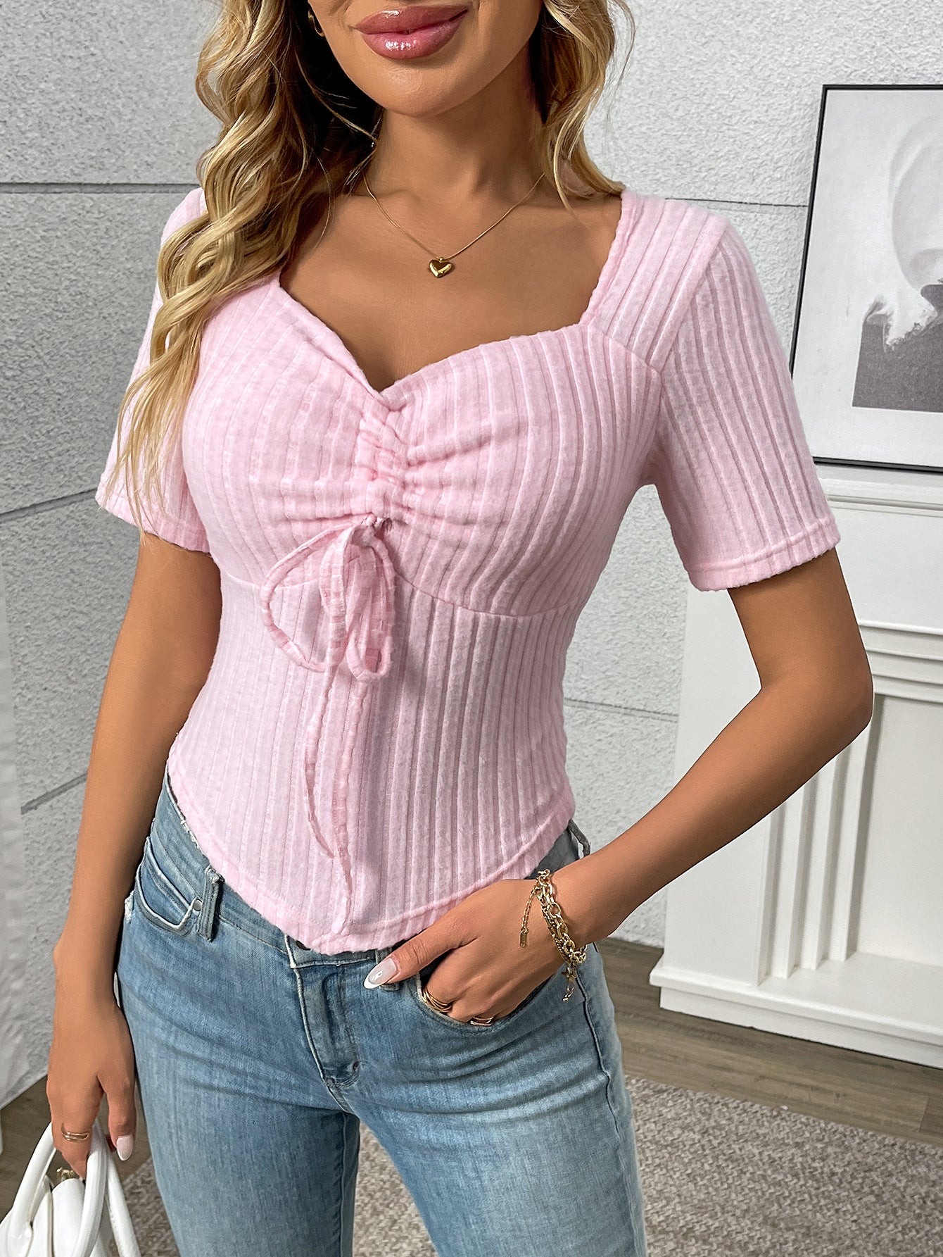 Pleated Drawstring Sexy Short-Sleeve Top