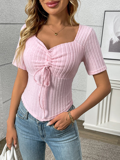 Pleated Drawstring Sexy Short-Sleeve Top