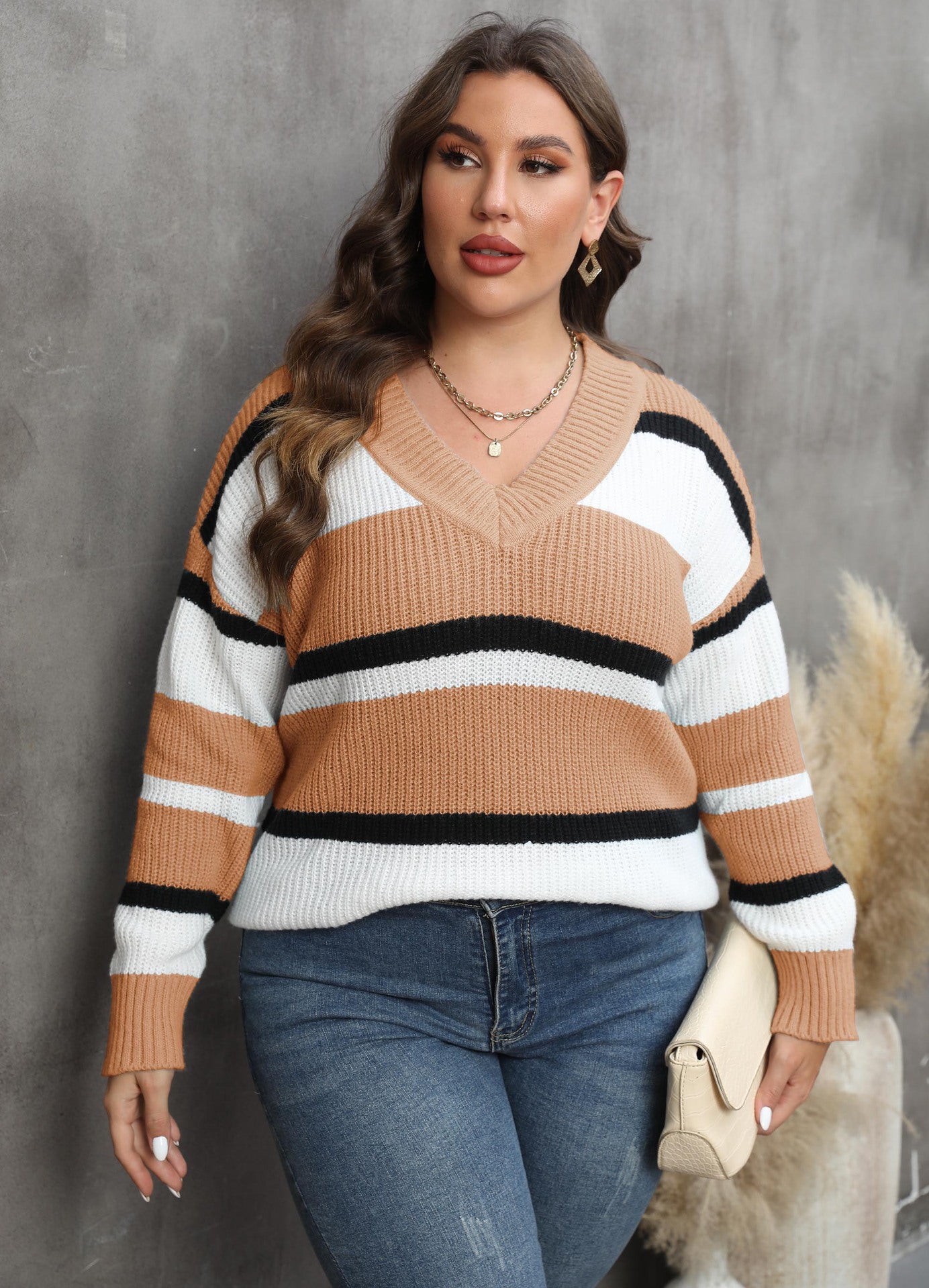 Women's Sweater V-neck Contrasting Color Splicing Loose Pullover Sweater