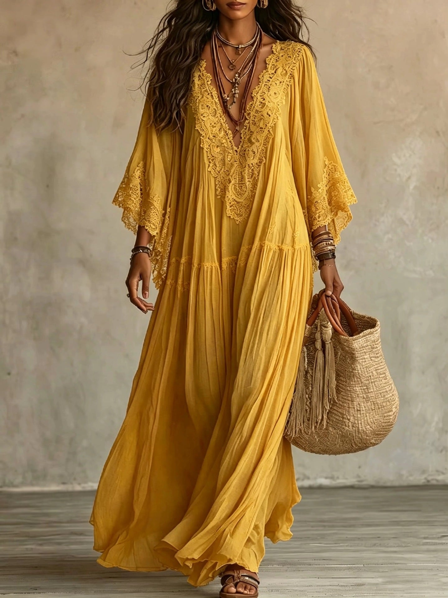 Women's Boho Lace Chiffon Long Sleeve Maxi Dress