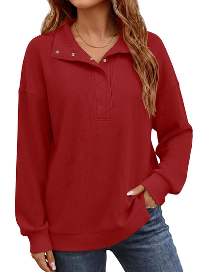 Women's Waffle Knit Oversized Button Pullover Sweatshirt