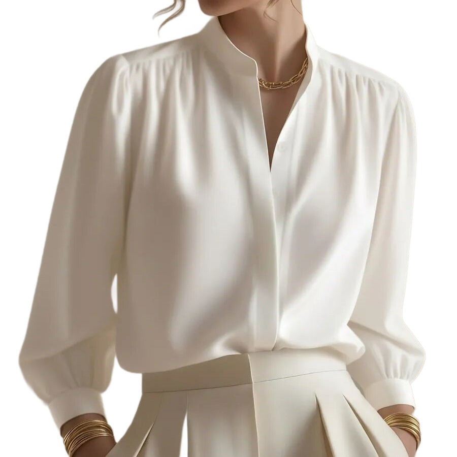 Women's Satin Puff Sleeve Blouse Mandarin Collar Top