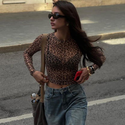 Leopard Print Sheer Mesh Long Sleeve Crop Top