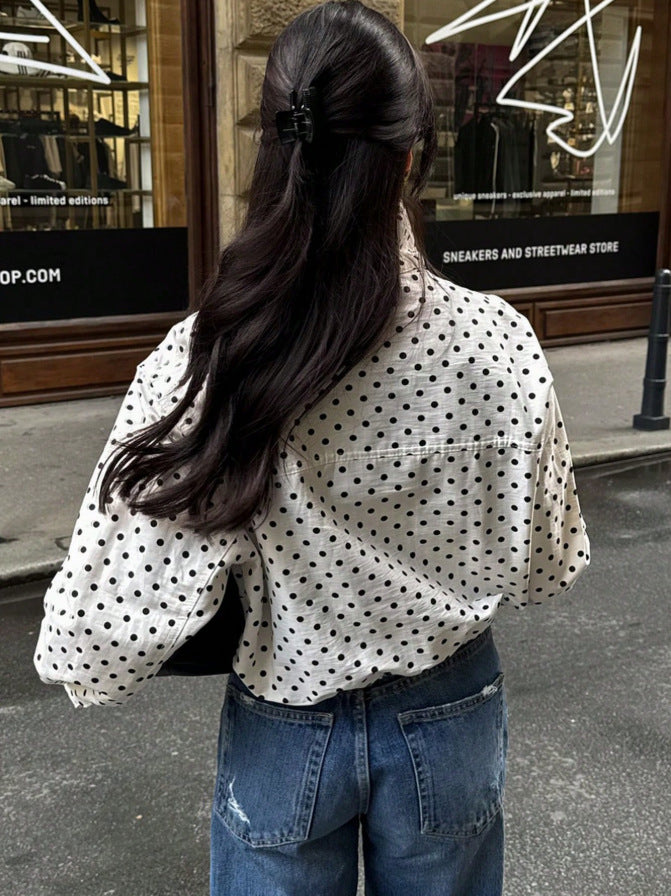 Polka Dot Zip Jacket Stand Collar Pocket Loose Coat