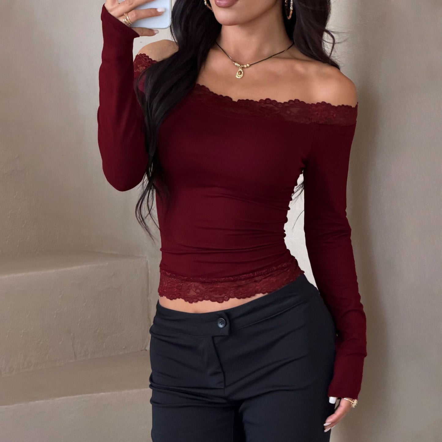 Sexy Off Shoulder Lace Crop Top Long Sleeve Fitted