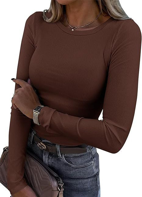 Women's Ribbed Long Sleeve Crew Neck Fitted Tee