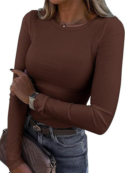 Women's Ribbed Long Sleeve Crew Neck Fitted Tee