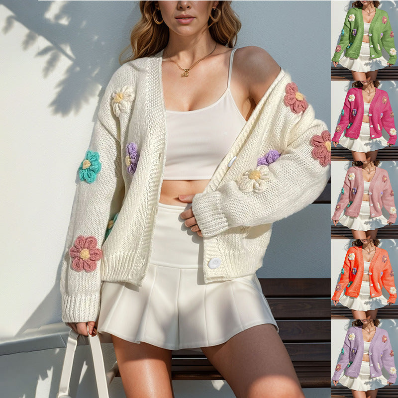 Womens Oversized Floral Crochet Cardigan Button Front