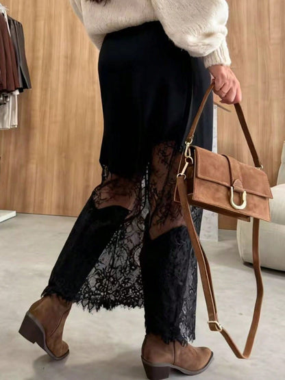 Women Satin Lace Patchwork Midi Skirt Bodycon