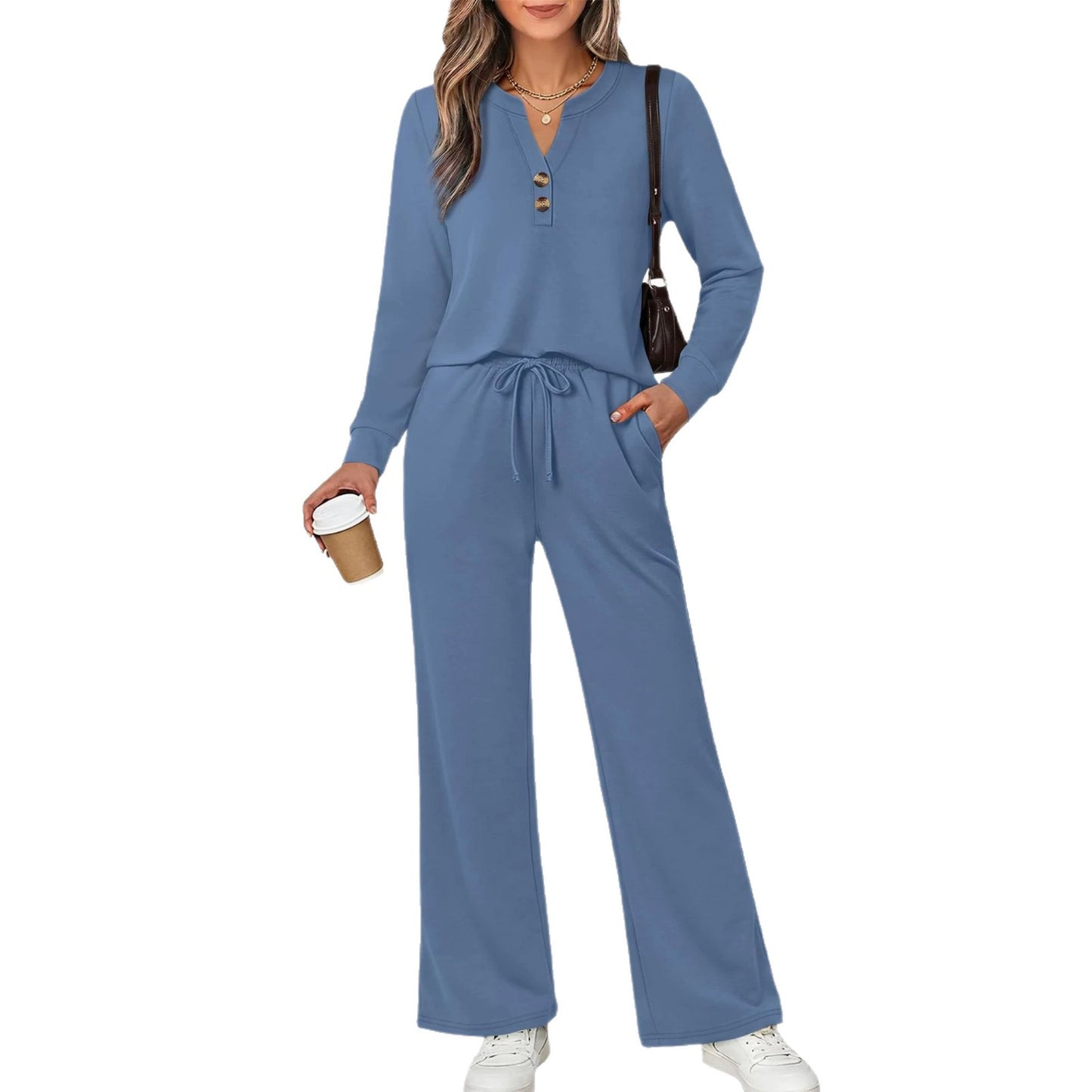 Women's 2 Piece Lounge Set Henley Top Wide Leg Pants