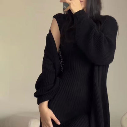Women's Ribbed Knit Maxi Dress & Cardigan Belted Set